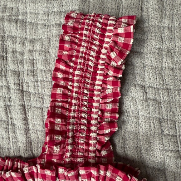 Ganni Women's Stretch Seersucker Maxi Smock Dress Red Gingham Checkered Size XL - Picture 6 of 10